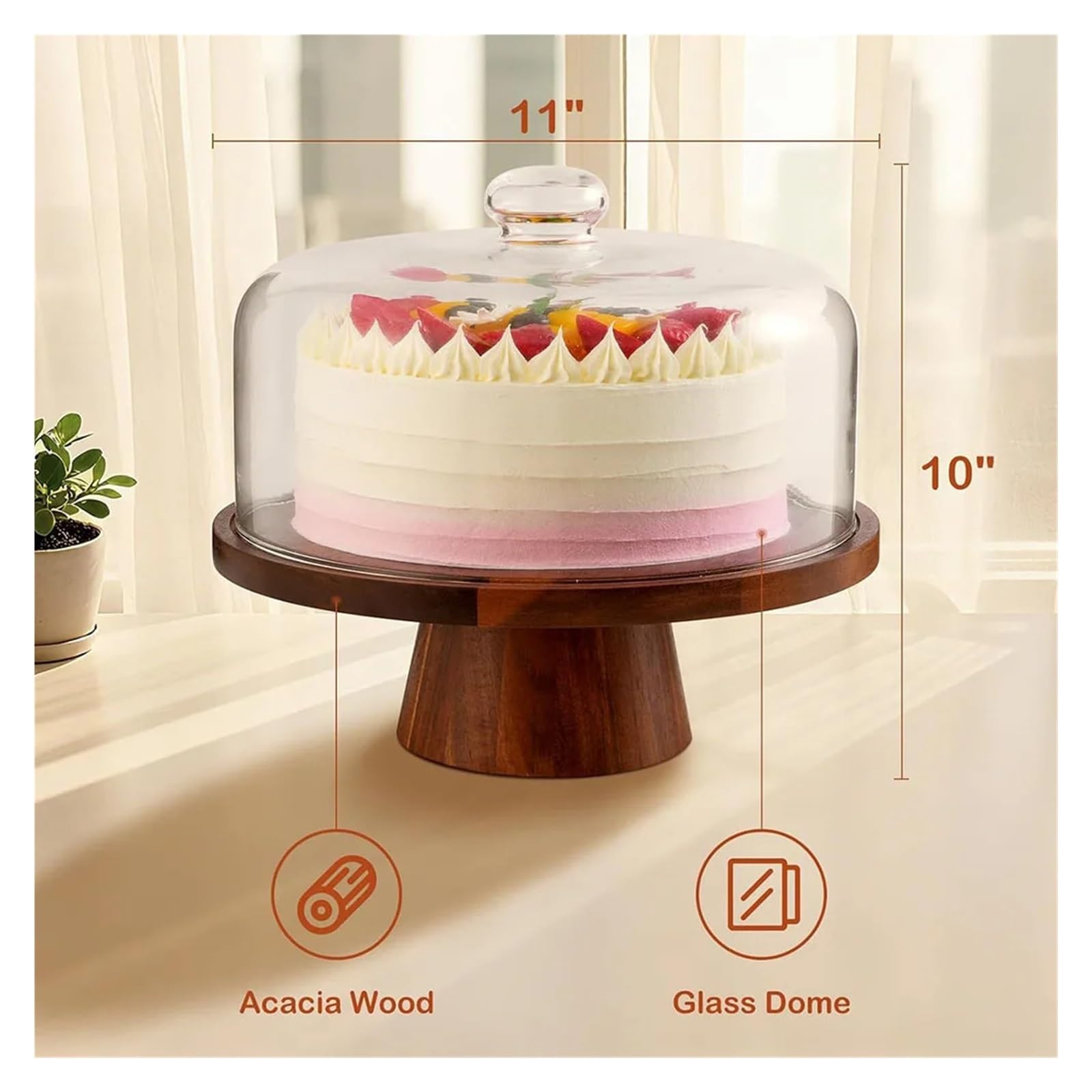 Générique Support à gâteau en bois d'acacia avec couvercle en verre 12"