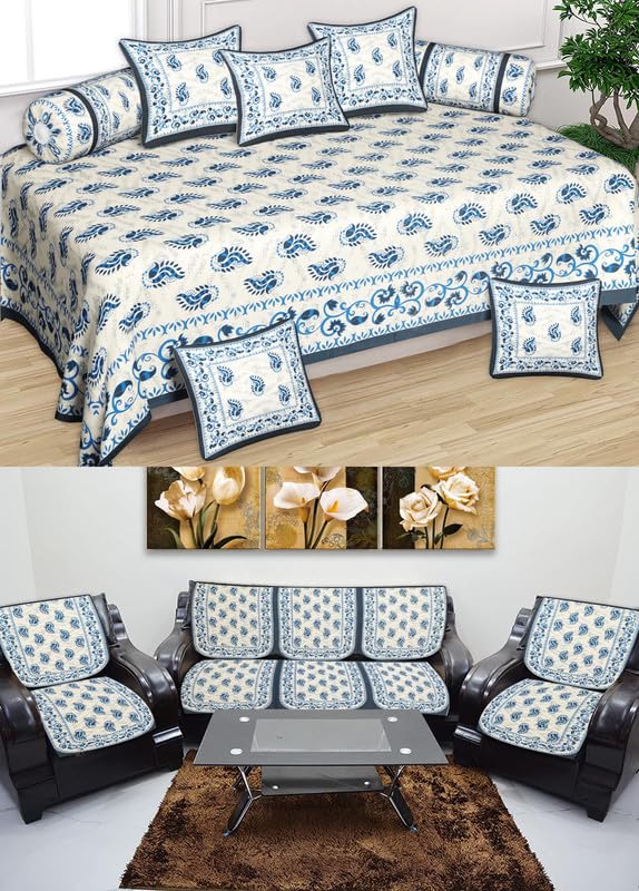 Kalamkari Print RoomSet Diwan & Sofa Cover Set Combo| Single Bedsheet, 2 Bolster Covers, 5 Cushion Covers and Five Seater Sofa Cover Set-image-44