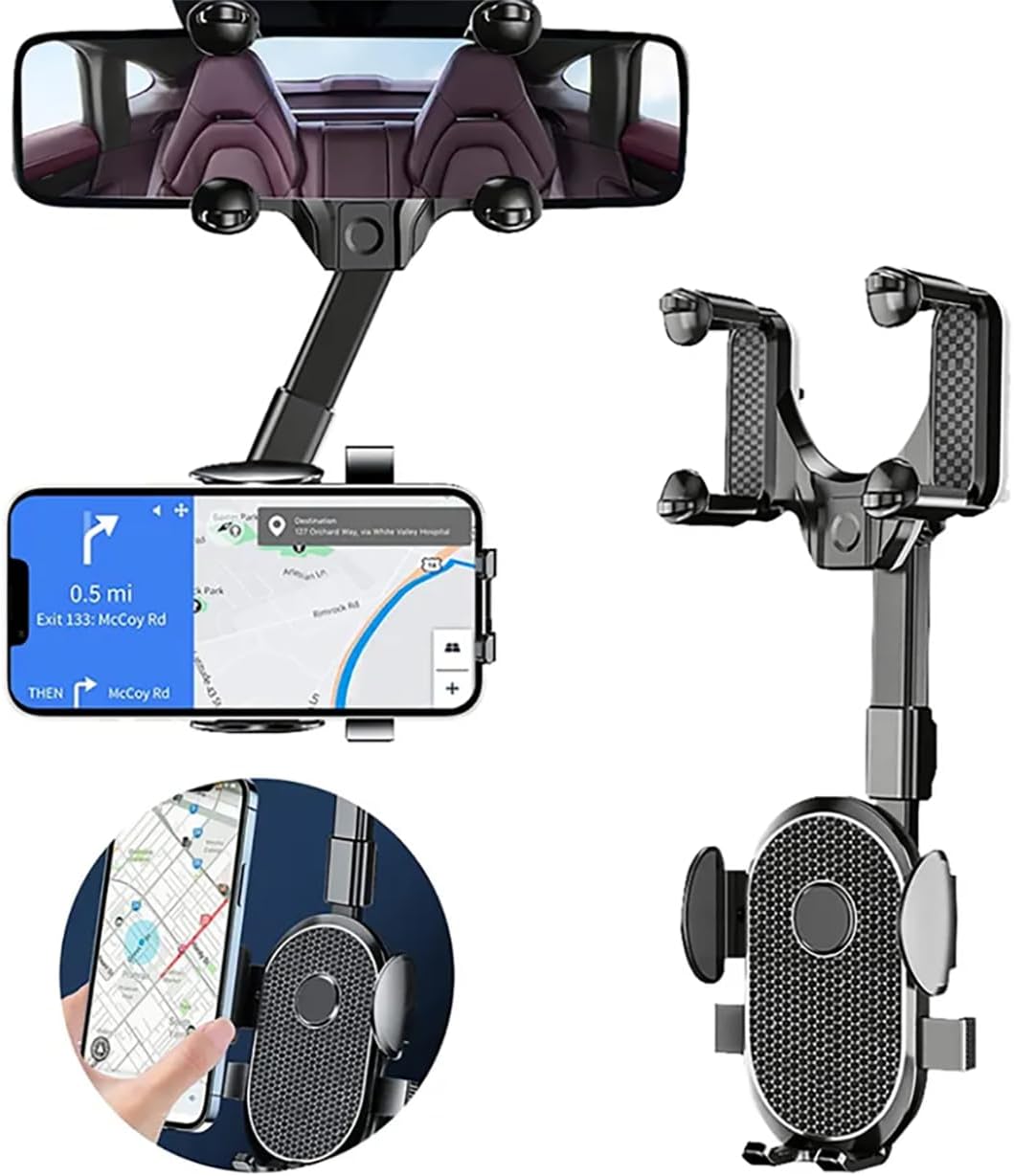 Phone Mount for Car, Rear View Mirror Phone Holder, Rotatable and Retractable Phone Holder for Car Compatible with iPhone Samsung All 4-7 Inch Cell Phones