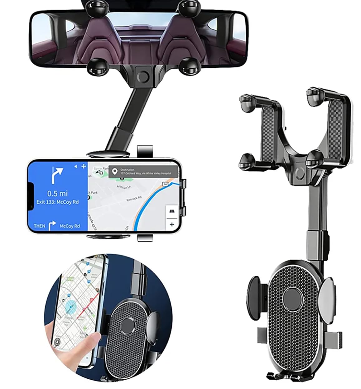 Voltstech Phone Mount for Car, Rear View Mirror Phone Holder, Rotatable and Retractable Phone Holder for Car Compatible with iPhone Samsung All 4-7 Inch Cell Phones