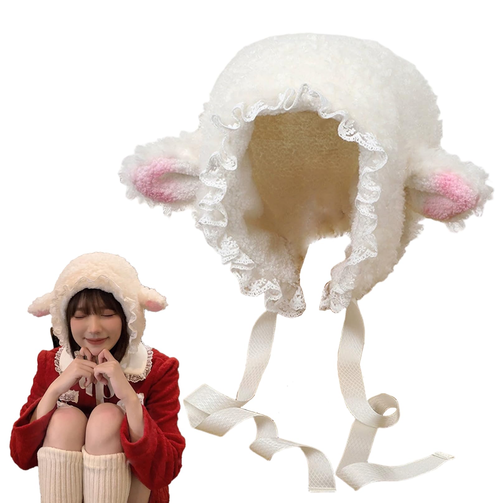 AZIDWERYQ Cartoon Lamb Hat, Cute Cartoon Sheep Hat with Strap Y2k Beanie Winter Headwear Cosplay Photo Props Party Supplies White