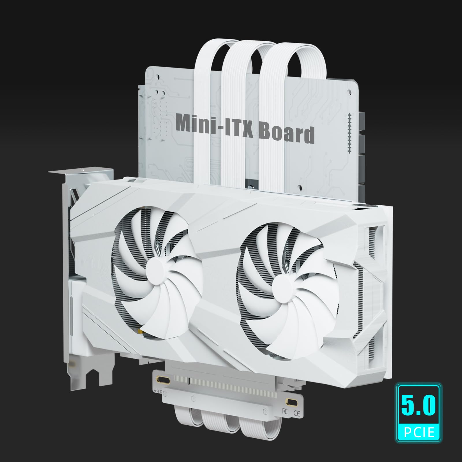 GLOTRENDS Doppel-Reverse-PCIE-5.0-Riser-Kabel für Mini-ITX-Motherboard (170 x 170 mm) Installation, RTX5090(Ti) RX9070(XT) GPU-fähig, Länge 185 mm, Farbe: Weiß