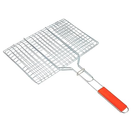 Vroxy Chromium Plated Barbecue BBQ Grill Net Basket for Fish, Vegetables, Steak, Shrimp, Chops and Other Food with Wooden Handle