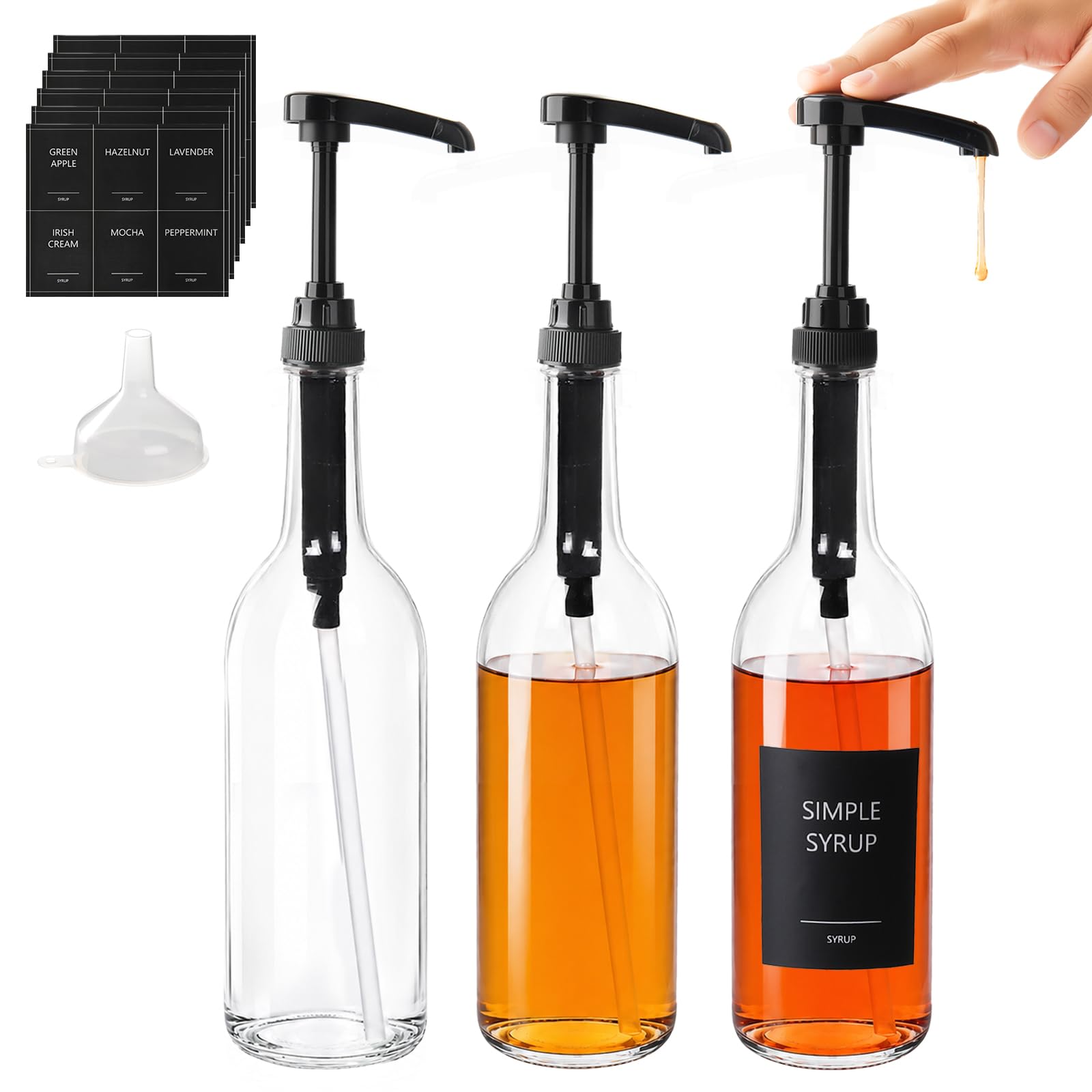 YBCPACK Kaffeesirupspender aus Glas, rund, 750 ml, schwarze Pumpe, 3 Stück