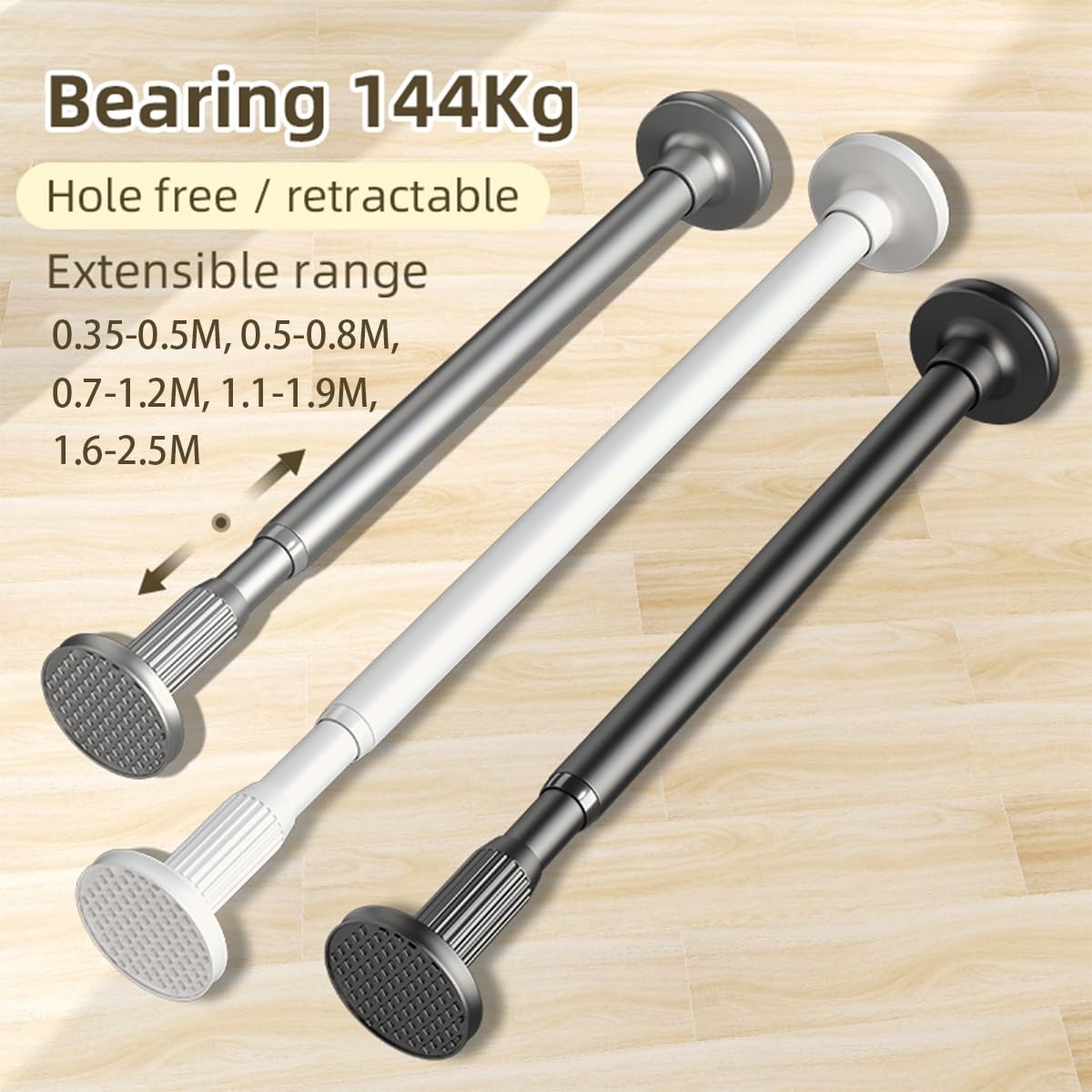 Tingle de Rideau de Douche pour Salle de Bain 35-250m, Tringle Extensible pour Rideau Ø27mm, Montage Sans Vis ni Perçage, pour Salle de Bain, Placard, Armoire, Porte, Cuisine(Noir,160-250CM)