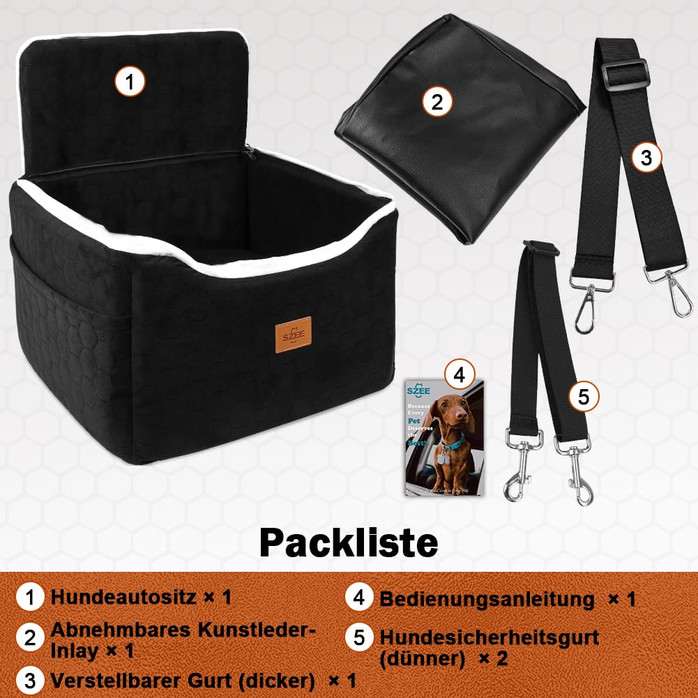 SZEE Stabiler Reise Hunde Autositz für Kleine/Mittlere Hunde bis 15 Kg, Einzigartiger Hundesitz Auto mit Abnehmbares Kunstleder-Inlay,Ausklappbares Hundebett mit Zwei Metall-Sicherheitsgurte