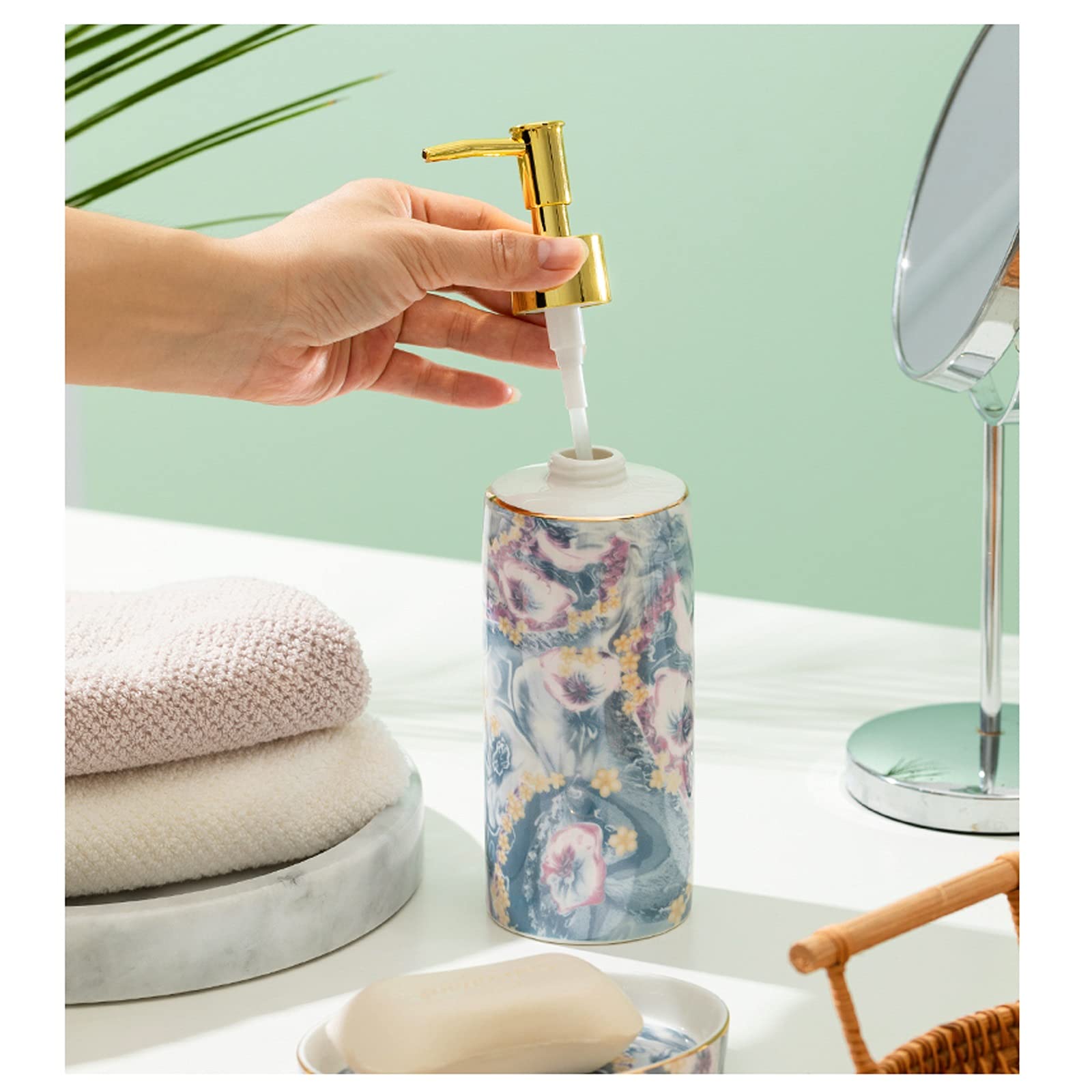 Dispensador de ducha, pequeño frasco de cerámica para loción con dosificador de bomba de plástico para champú y jabón líquido, apto para uso doméstico en el baño, 390 ml / 13,7 oz (color: azul)