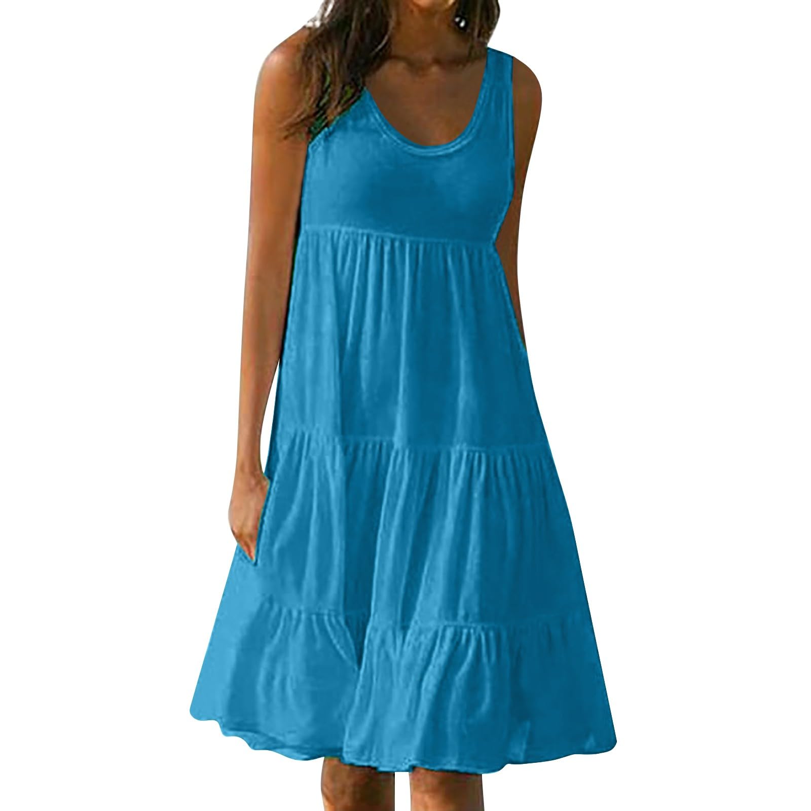 Generic Vestidos de playa para mujer, verano, aireado, de lino, sin mangas, vestido de verano para mujer, ligero, largo hasta la rodilla, tallas grandes, vestido de tirantes para mujer, vestido midi para