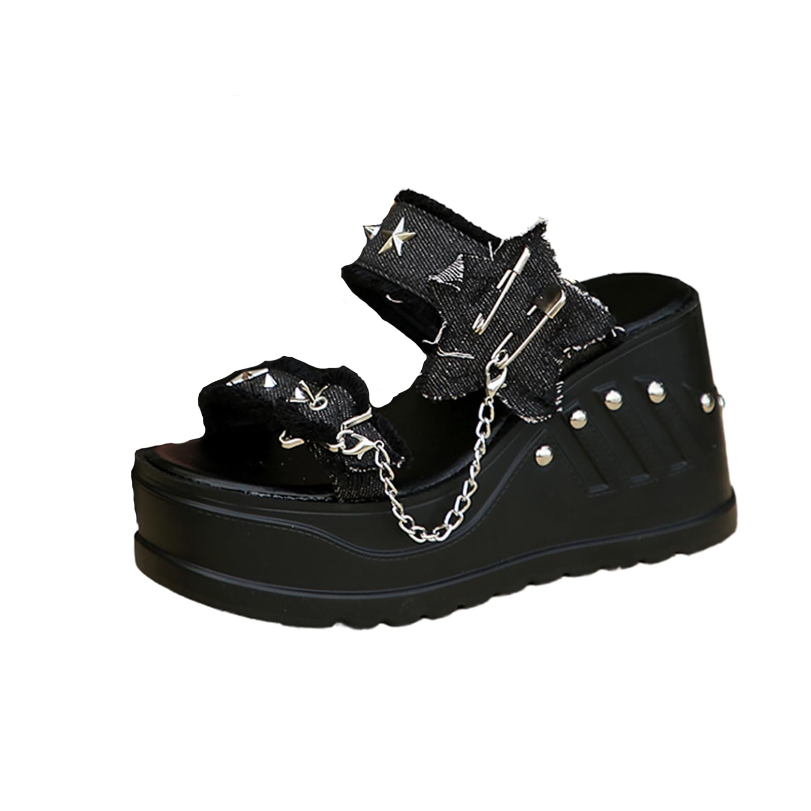 Goth Chunky Wedge Summer Sandals Y2K Gothic Platform Sandals for Women Denim Slides, Women Black Platform Sandals