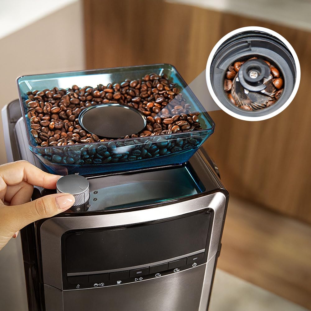 Cecotec Macchine da Caffè a Filtro Coffee 66 Grind & Brew. 1400W, 1.5L, 12 Tazze, 230g Serbatoio Chicchi, Macinacaffè Conico, 7 Livelli, Programmabile fino a 24h, Intensità Regolabile, Acciaio Inox