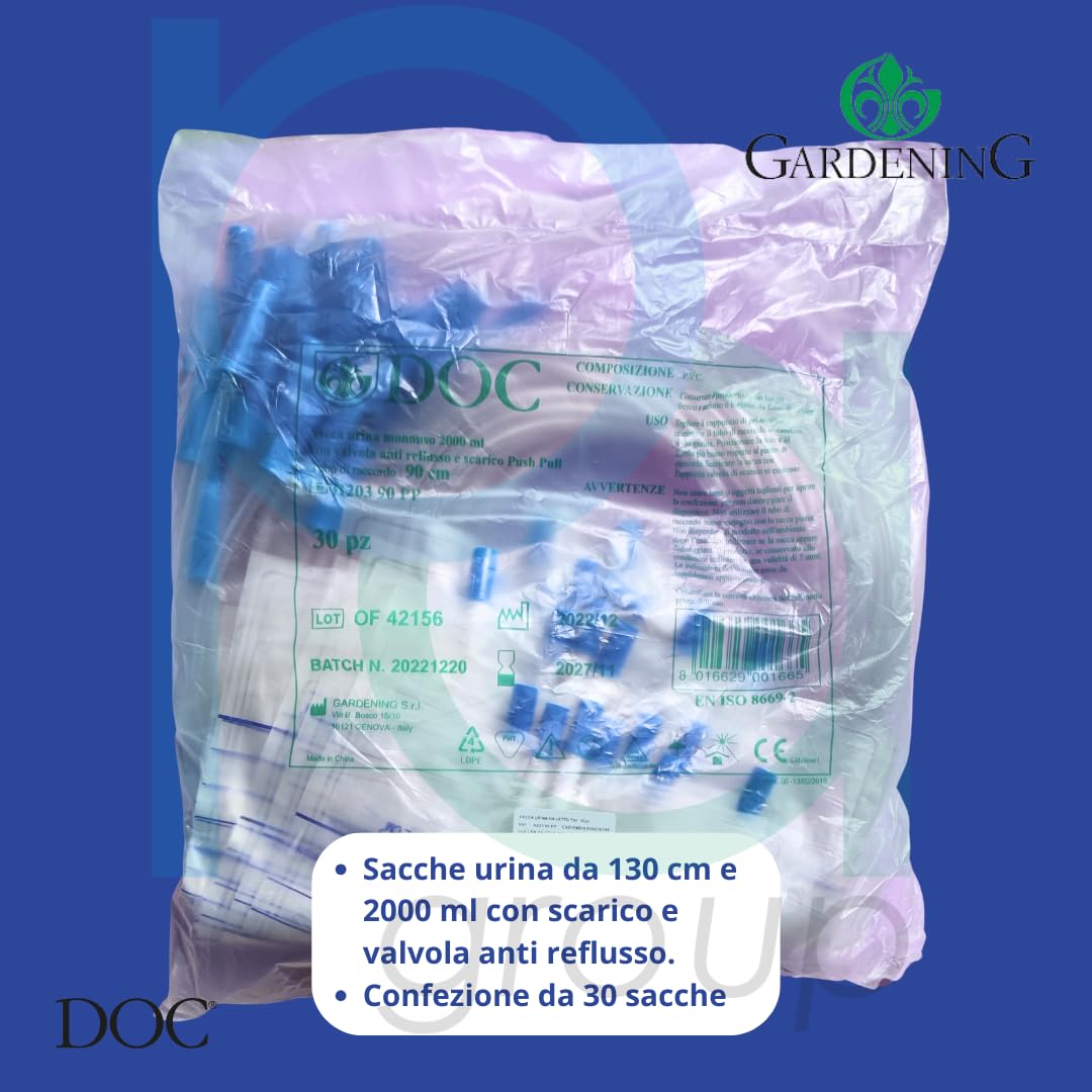 DOC Bolsas para orina con válvula antirreflujo y grifo con tubo de 130 cm, capacidad 2000 ml, paquete de 30 unidades, con válvula antirreflujo y desagüe, tubo de 130 cm, 2 litros (lote de 30 unidades)