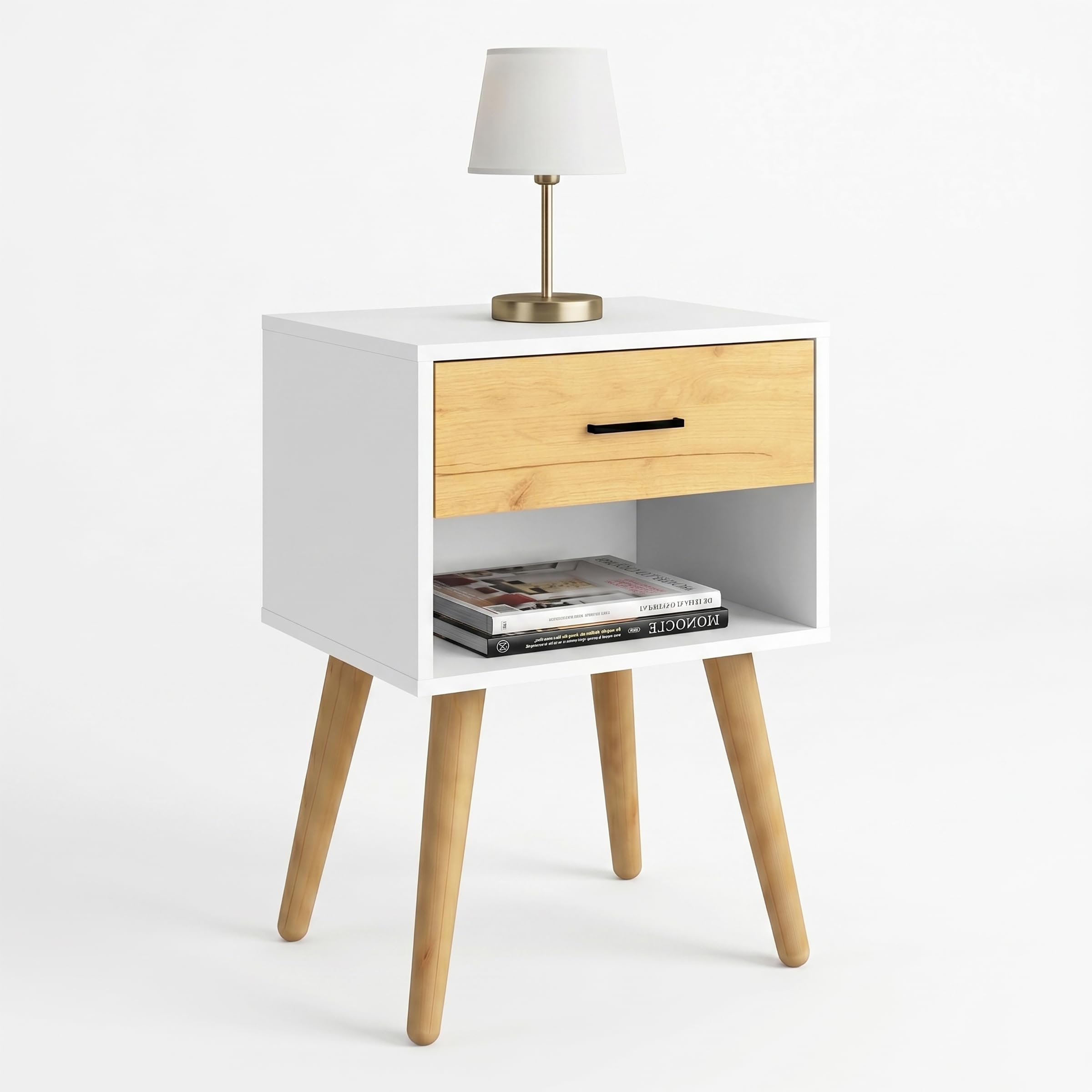VCM Nachttisch mit Schublade und Ablagefach, 45 x 30 x 70 cm, Beistelltisch im Retro-Design mit Holzfüßen - Singol XL Weiß/Honig-Eiche