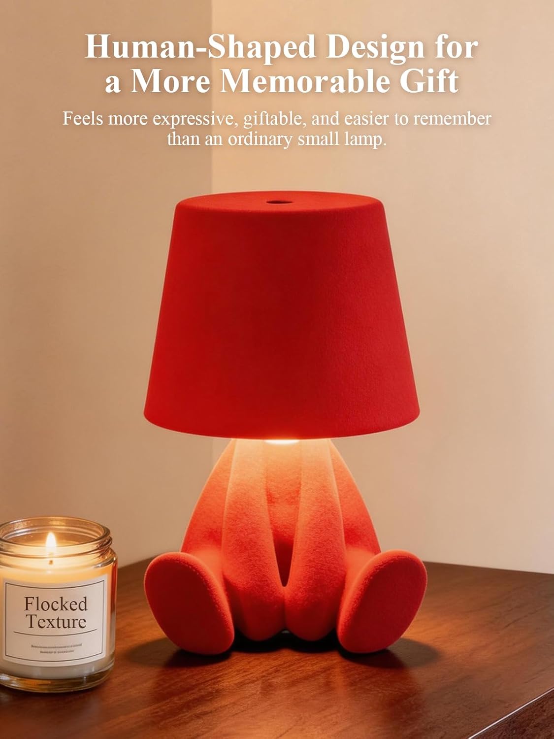 Human-Shaped Rechargeable Table Lamp: Flocked Texture - Softer Look & Warmer Presence for Holiday Mood and Accent Corners - Dimmable 3 Color Temps