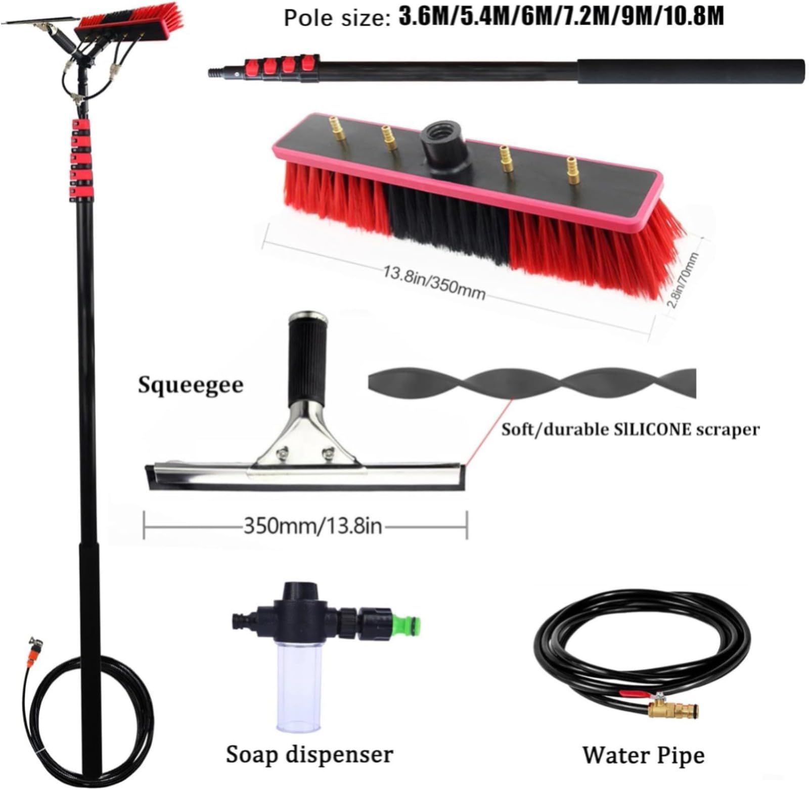 3.6-10.8M Set for Solar Systems and Windows, Length Adjustable up to 10.8M, Universal Washing Brush, and Outdoor Glass Roof Cleaning Set, Window Cleaner 35CM,3.6M