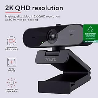 Trust Taxon 2K QHD Webcam PC, Plastica Riciclata 85%, 2560x1440p Videocamera, Filtro Privacy, Autofocus, Lente Grandangolare, 2 Microfoni, Telecamera per Skype, Teams, Zoom, Computer, Laptop, Mac