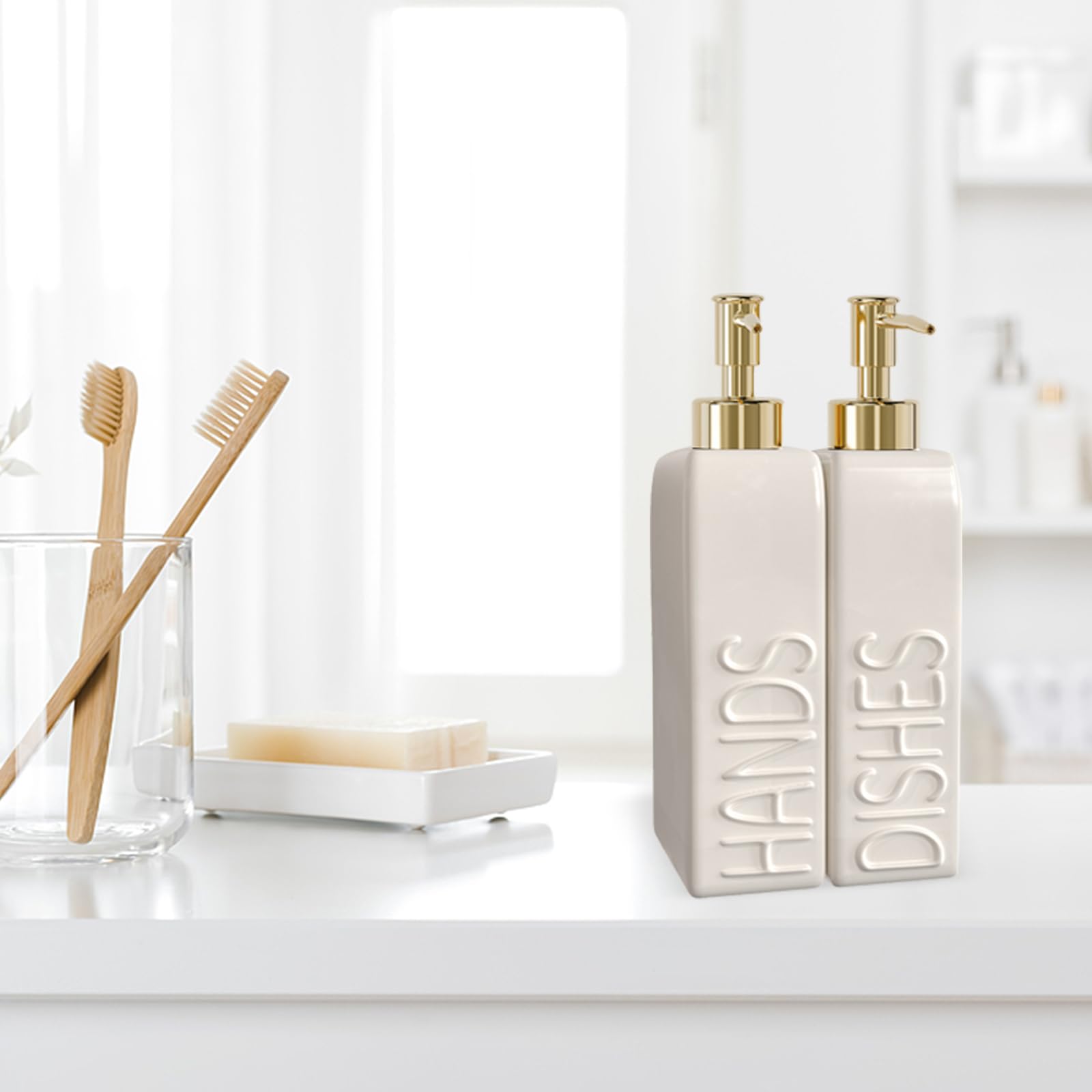 Soap Dispenser Set with Gold Rustproof Stainless Steel Pump, 2 Pack Ceramic Refillable Dish Soap and Hand Soap Dispenser for Kitchen, Bathroom, Matte White