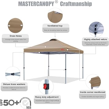 MASTERCANOPY 8x8 Pop Up Canopy Tent, 1 Person Setup Instant Shelter,Outdoor Portable Beach Canopy with Roller Bag, 4 Sandbags, 4 Ropes, 8 Stakes (8x8, Khaki)