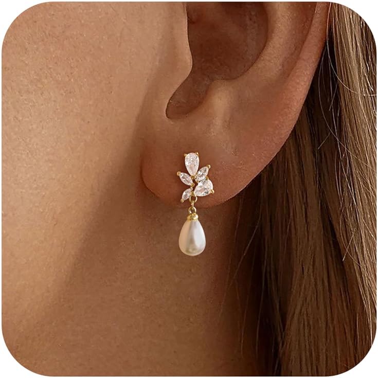Pearl Earrings for Women,Dainty 14k Gold Plated Pearl Drop Earring Gold Bridal Dangle Earring Small Cute Stud Earring Wedding Dangle Earrings for Women Trendy Pearls Jewelry Bridesmaid Gifts Stuff