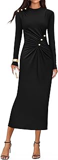 ZESICA Womens 2026 Fall Long Sleeve Mock Neck Bodycon Midi Dress Ruched Knit Elegant Party Cocktail Formal Dresses