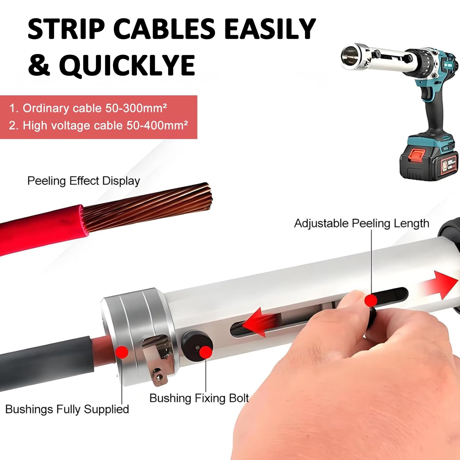 Máquina Pelacables Eléctrica, Pelacables Automático Inalámbrico con 2 Baterías De 4,0 Ah Y 20 Casquillos, Ajuste De Velocidad Continua (2 Niveles), Luz Led, para Pelar Cables De 50 A 300 Mm²