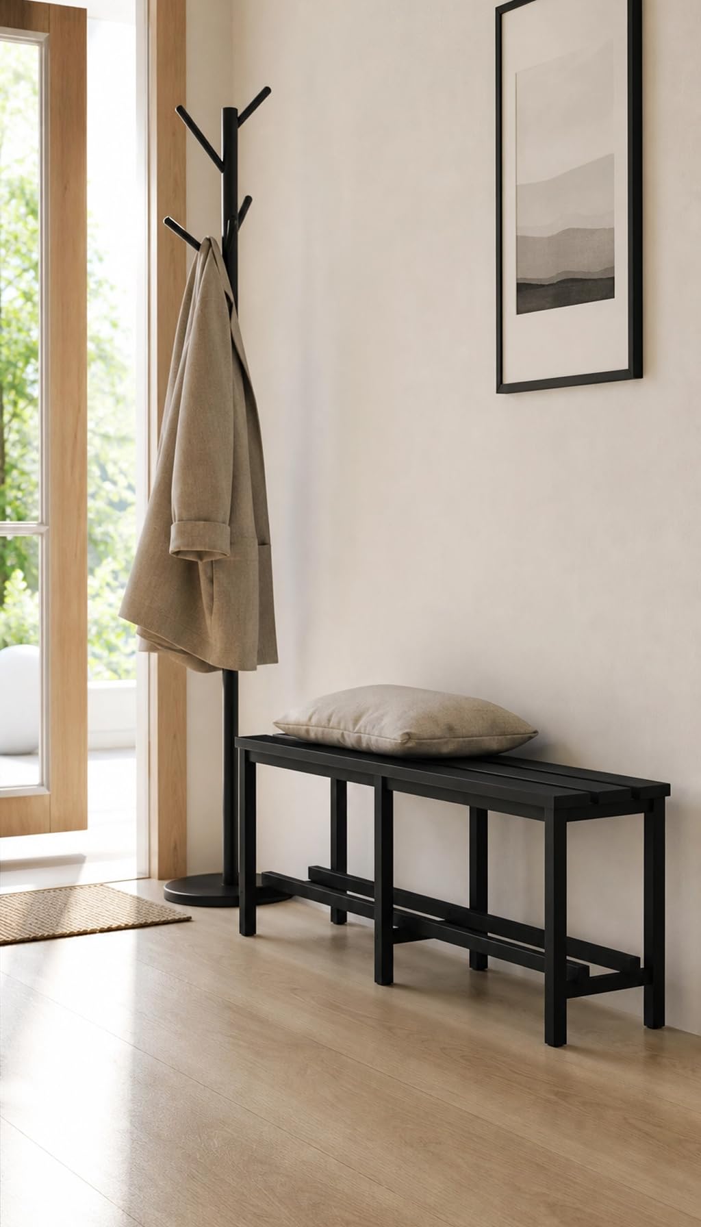 Spacio Banco Metálico Norrköping Estilo nórdico para Uso Profesional o en hogar, para vestuarios, habitación, decoración Incluso Exterior. Bancada para Personas en Acero. (1,5 Metros Negro)