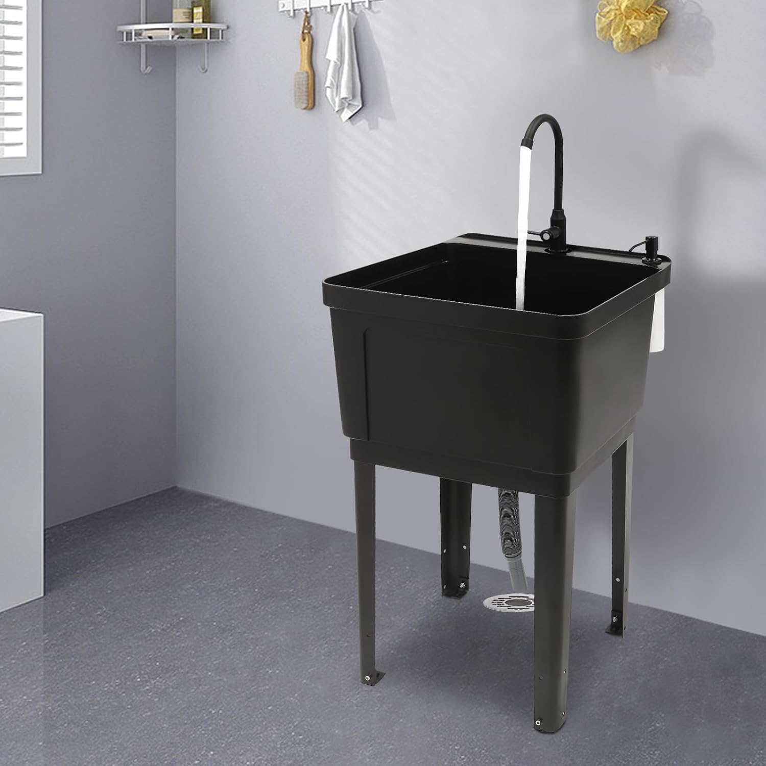 Free-standing Laundry Sink Wash Bowl Basin Station Utility Sink with Rotatable Faucet and Washboard for Home Restaurants Washing Room Canteens Gardens Warehouses,19.7x19x33.1in (Black)