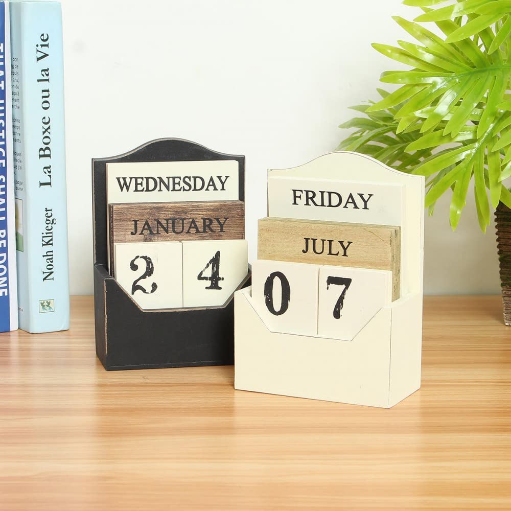 Vintage Holzblock ewiger Schreibtischkalender Rustikale Holz Büro Zuhause Schreibtisch Dekor (weiß)