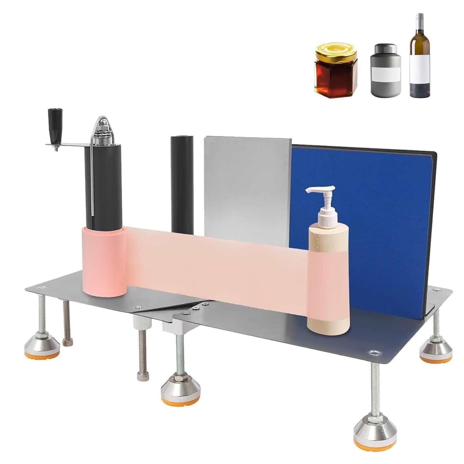 Flaschenetikettiermaschine für runde und quadratische Flaschen, verstellbarer manueller Applikator für Etiketten bis zu 20 cm Breite, ideal für kleine Unternehmen, langlebiges Aluminium-Design