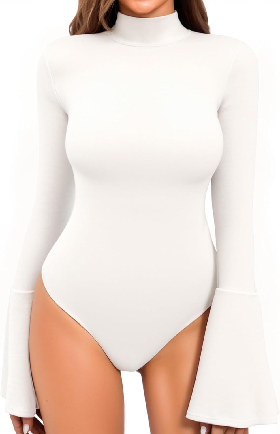 MANGOPOP Bell Sleeve Mock Neck Long Sleeve Bodysuit for Going Out Tops for Women