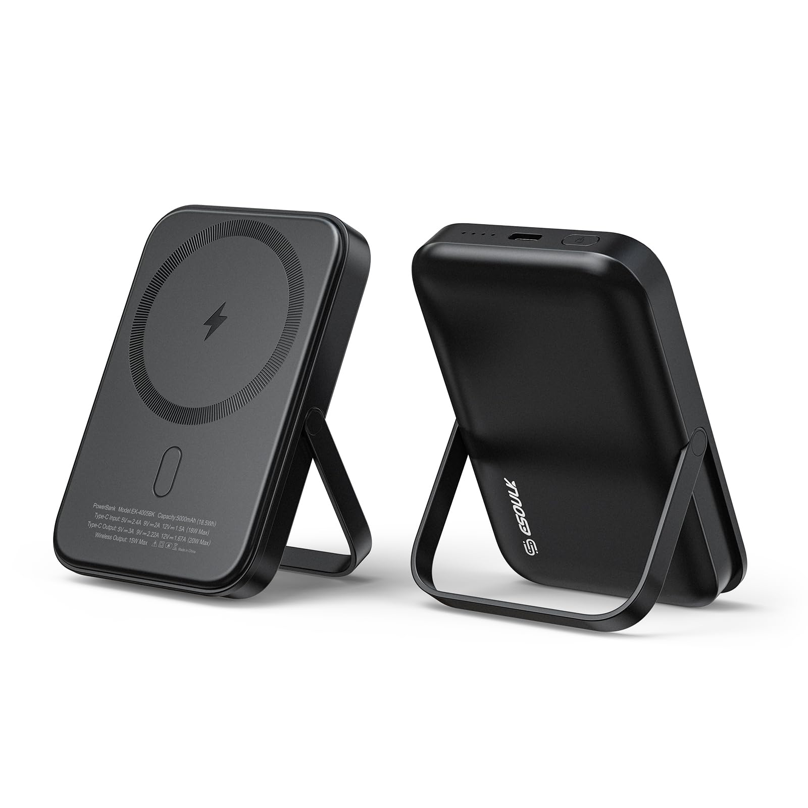Esoulk 5000mAh Magnetic Wireless Power Bank with Foldable Stand, 20W USB-C PD Fast Charging Portable Charger, Slim Battery Pack Compatible with iPhone 17/16/15/14/13/12 Series, USB-C in/Out, Black