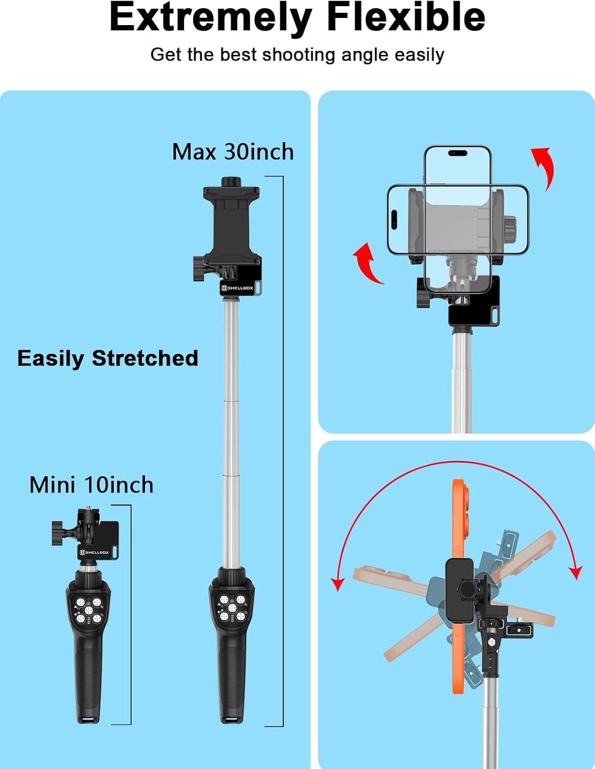 Waterproof Selfie Stick 3-in-1 Diving Kit, 10–30" Telescopic Pole, Built-in Bluetooth Controller, 50FT Waterproof Phone Case & Clip, for Diving Snorkeling Surfing Swimming