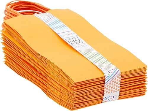 Miniatura 7 de BLUE PANDA Paquete de 25 bolsas de regalo naranjas con asas, bolsas de papel de tamaño mediano para cumpleaños, bodas, minoristas (8 x 3.9 x 10