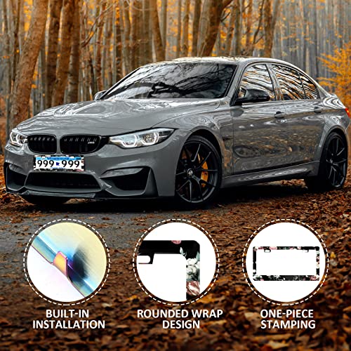 Vintage Pink And Cream Dark Floral Aluminum Metal License Plate Frame Tag With Chrome Screw Caps - Car License Plate Covers For Us Vehicles #TOP5