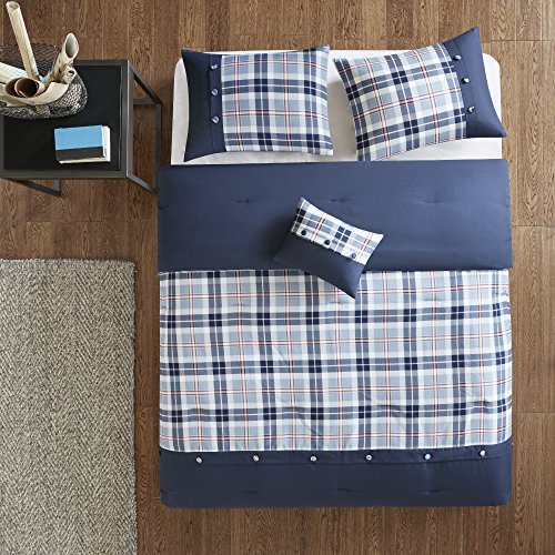 Comfort Spaces Casual Comforter Set Sporty Design, Vibrant Color, Active Lifestyle Boys Bedroom Décor, All Season Soft Microfiber Bedding Set, Decorative Pillow, Sham Blue Plaid Queen 4 Piece #TOP3
