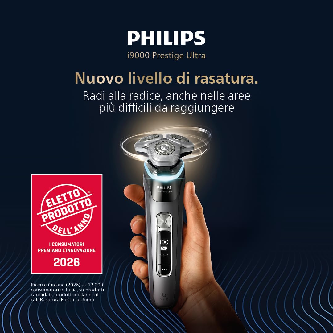 Philips Shaver i9000 Prestige, rasoio elettrico Wet & Dry, tecnologia Skin IQ, triplo sistema Lift & Cut, doppie lame in acciaio di precisione 360º, pod per pulizia rapida, modello XP9207/30 - 3