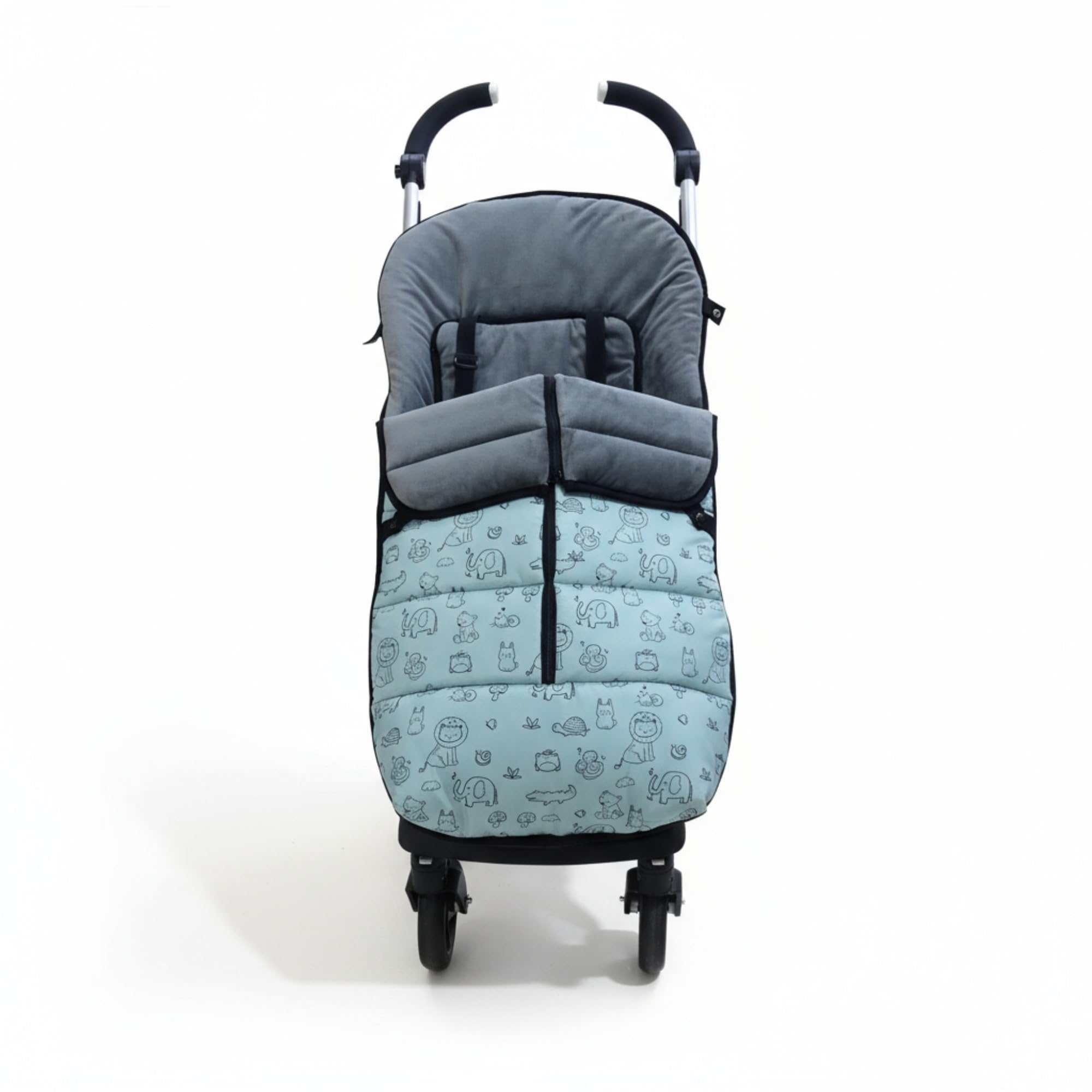 Variouss Saco Silla Paseo Universal Invierno Impermeable – Saco Cochecito Bebé con Cremallera Lateral y Forro Cálido de Coralina, Desmontable y Ajustable, con Estampado de Animalitos (Verde)