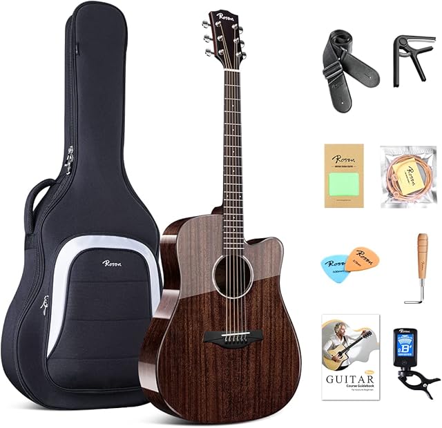Rosen Acoustic Guitar for Beginners 4/4 Black Soild Mahogany Top 41 Inch Guitarra Full Size Cutaway with Gloss Finish Bundle Starter Kit with Gig Bag, Tuner, Strings, Strap, and Picks
