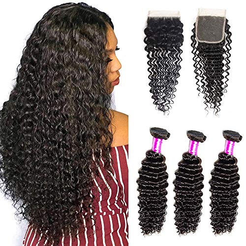 Suerkeep 8A Deep Wave Virgin Brazilian Human Hair Bundles With Close Crochet Human Hair 3 Bundles With Free Part Closure (16 18 20+14,Natural Color)