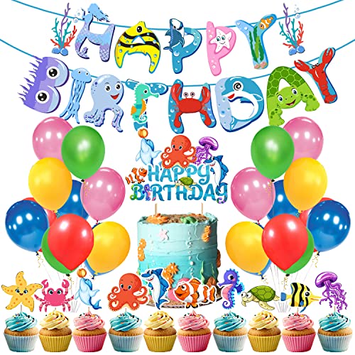 Image of Zyozique 37 Piece Ocean Theme Party Decoration,Under The Sea Happy Birthday Paper Banner Balloons Cake and Cup Cake Toppers Kit, Underwater Animals Sign Party Supplies