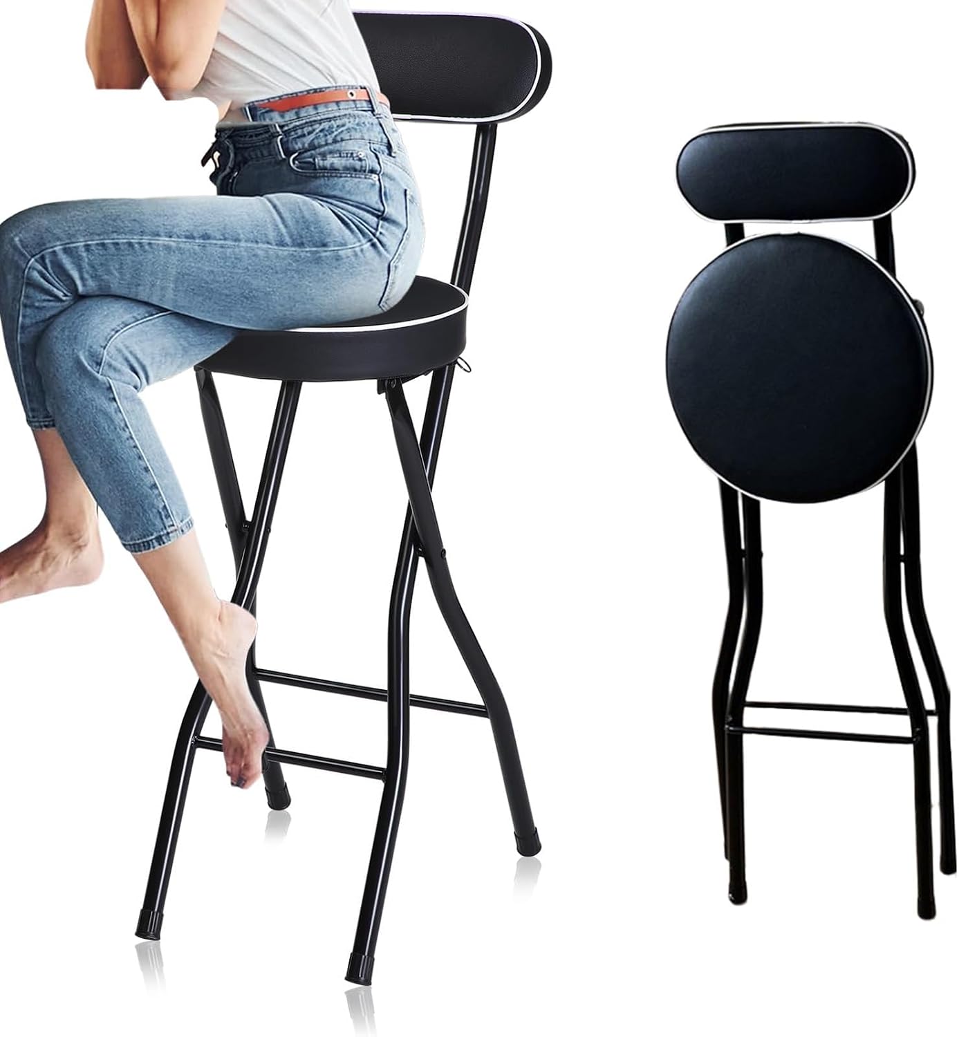 Folding Round Padded Bar Stool 70cm/75cm, Adult High Chair with Backrest, Portable and Foldable Kitchen Breakfast Chair (Colour: Black, Size: 75cm/30in)