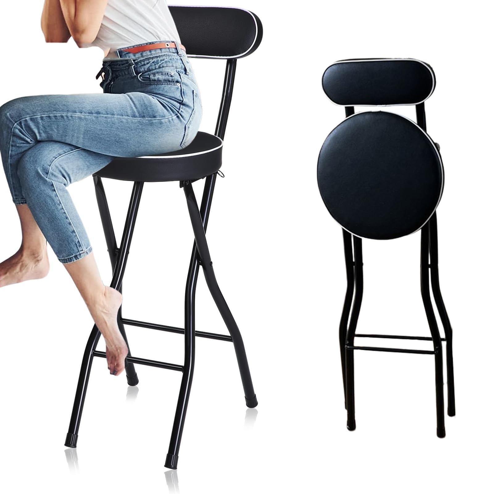 Tabouret Tabouret De Bar Pliant Rond Rembourré 70 Cm/75 Cm Chaise Haute Pour Adulte Avec Dossier Chaise De Cuisine Portable Et Pliable Pour Petit Déjeuner (couleur : Blanc Taille