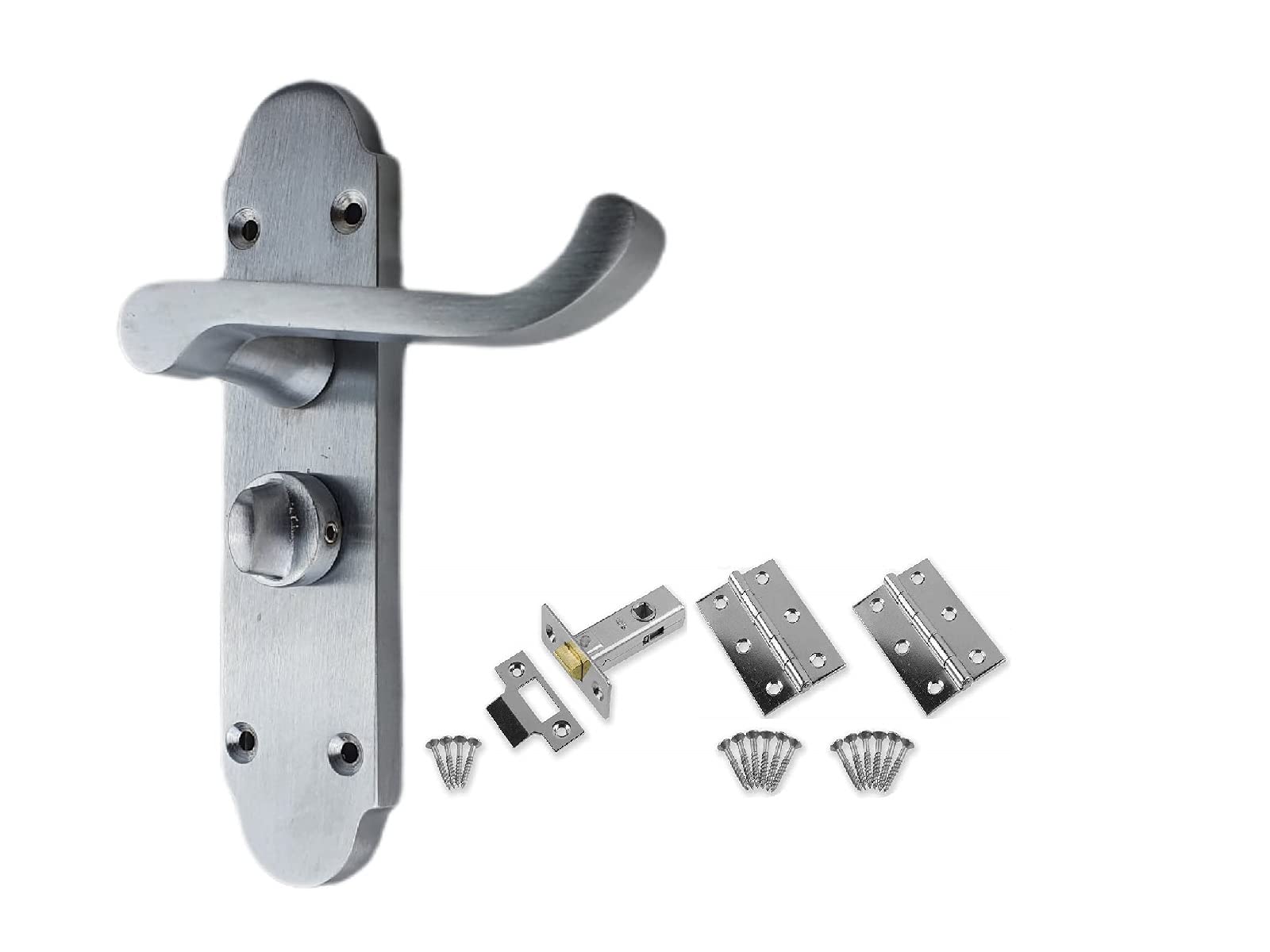 Golden Grace Epsom Design Victorian Style Bathroom Door Handles on Shaped Backplate in Satin Brushed Chrome, Internal Pack with Hinges and Latches, Privacy Set - 168mm x 40mm