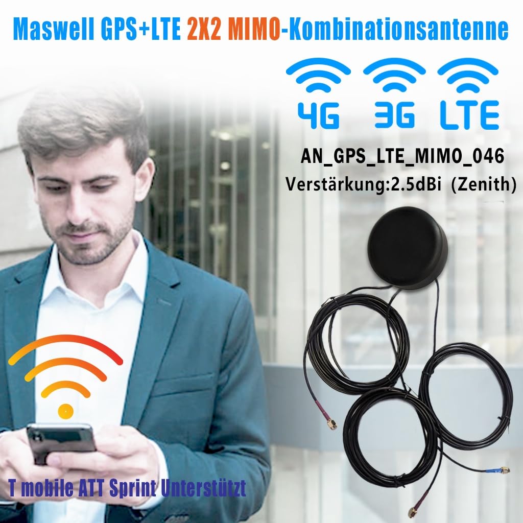 Maswell Antenna GPS 4G, MIMO 700-2700 MHz SMA maschio 2 dBi per veicoli domestici e uffici, roulotte, camper, barche, basso profitto, non per concorrenza di velocità