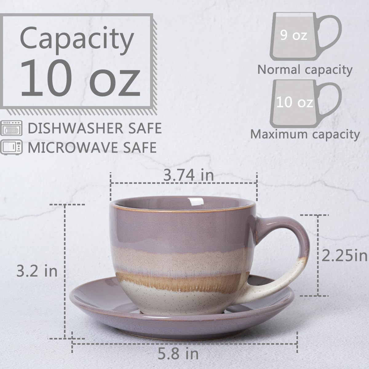 Bosmarlin Ceramic Cappuccino Cup and Saucer Set of 2, 10 Oz, Coffee Cups for Latte, Espresso, Tea, Dishwasher and Microwave Safe (Purple) - Image 2