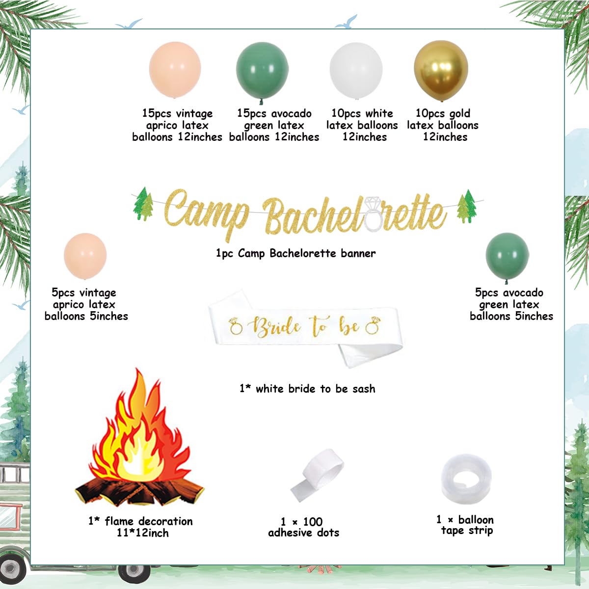 Camp Bride Bachelorette Party Set – 7 Schärpen In Weiß & Salbeigrün, Für Camping & Junggesellinnenabschied