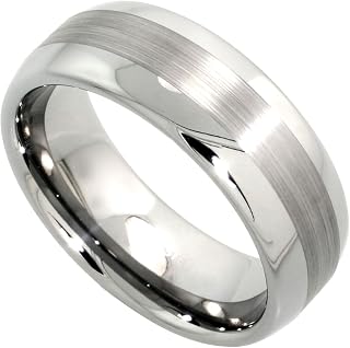 Tungsten Carbide 8 mm Domed Wedding Band Ring Wide Center Stripe Etching sizes 7 to 14