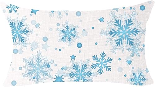 Miniatura 1 de Funda de cojín decorativa de lino y algodón con diseño de copo de nieve azul Feliz Navidad para sofá de hogar al aire libre, 12 x 20 pulgadas (beige
