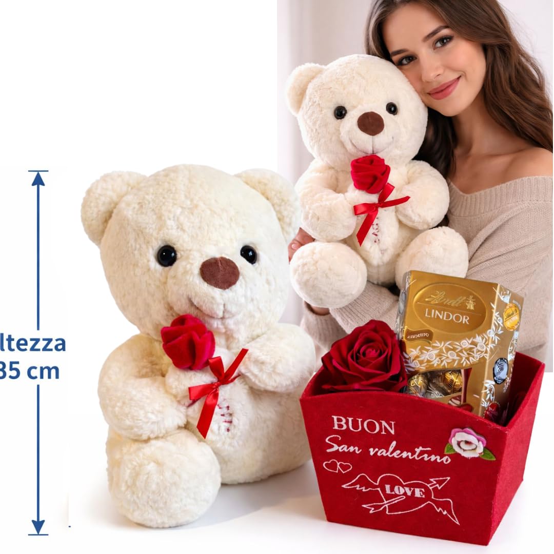 Orsetto Love 35 cm con Cestino in Feltro 14cm + 200G di Cioccolatini Assortiti + 1 Rosa Eterna - Regalo San Valentino - Regalo Fidanzata/Fidanzato (ORSETTO)