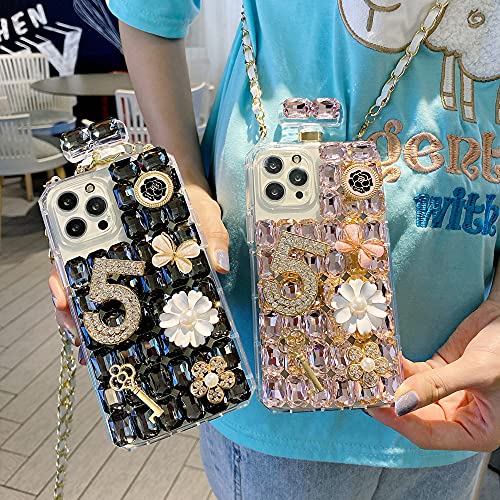 Victor For Iphone 12 Pro Max 6.7 Inch Perfume Bottle Case Luxury Bling Diamond Crystal Sparkle Rhinestone Glitter Case 3D Pumpkin Bear Handmade Cover Chain Lanyard Case For Iphone 12 Pro Max (Pink) #TOP2