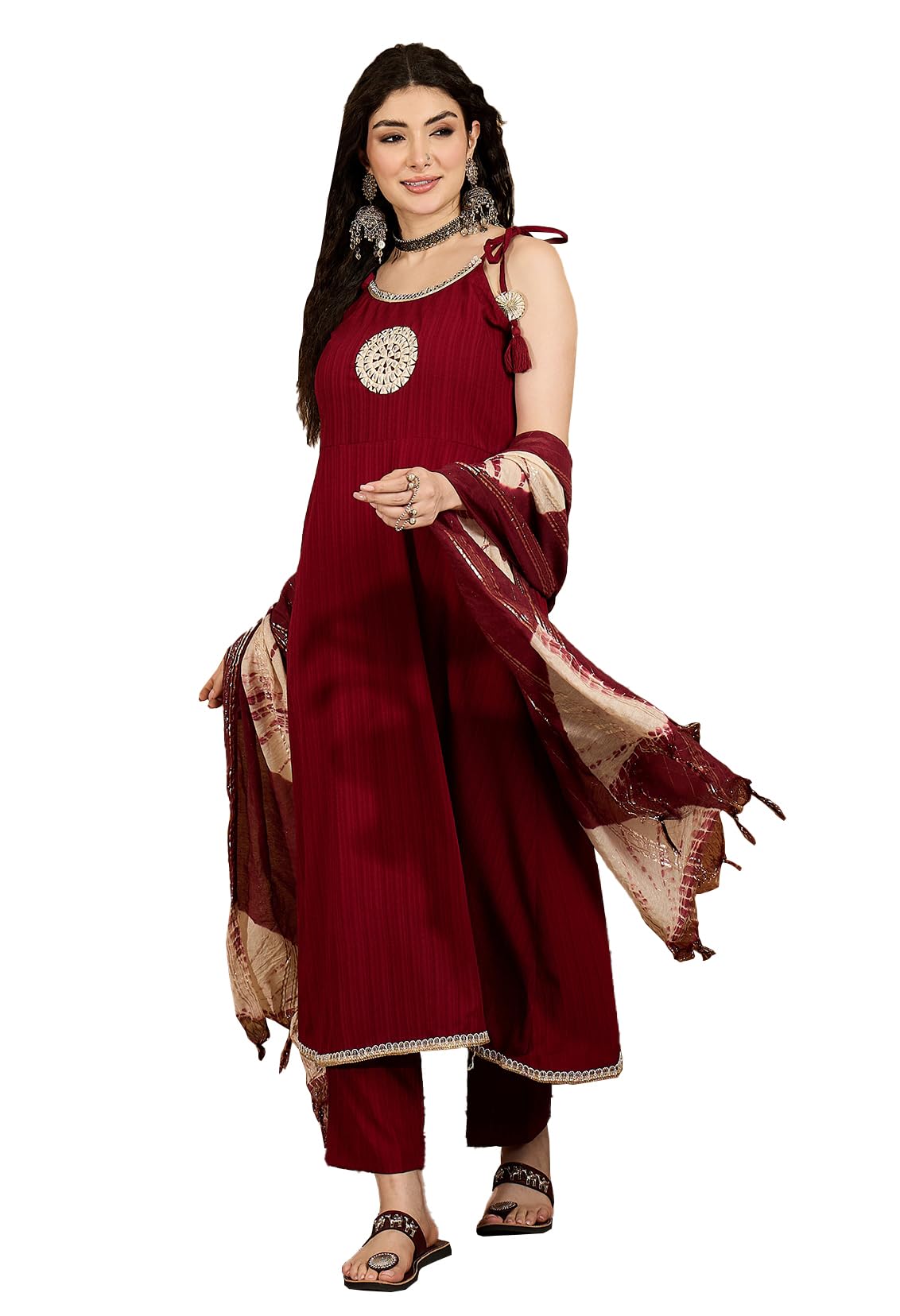 stylum Women's Maroon Solid & Embroidered Crepe A-Line Kurta Pant Dupatta Set-picture-13